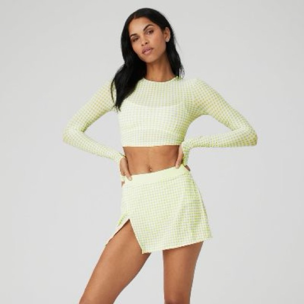 Mesh Gingham Cropped Long Sleeve & Mesh Gingham Skirt Set - Iced Green Tea